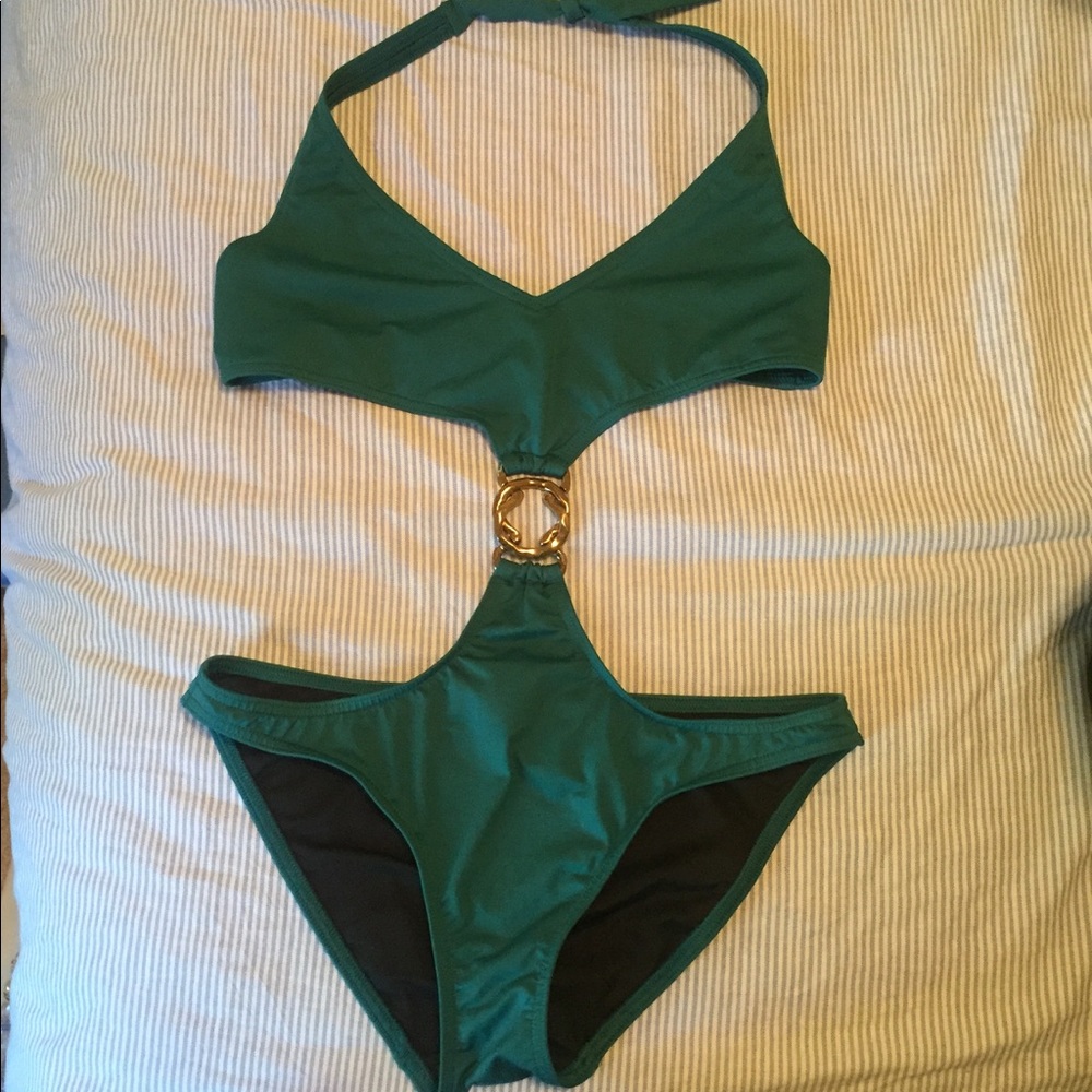 Victoria's Secret Gold Ring Cutaway Green Monokini